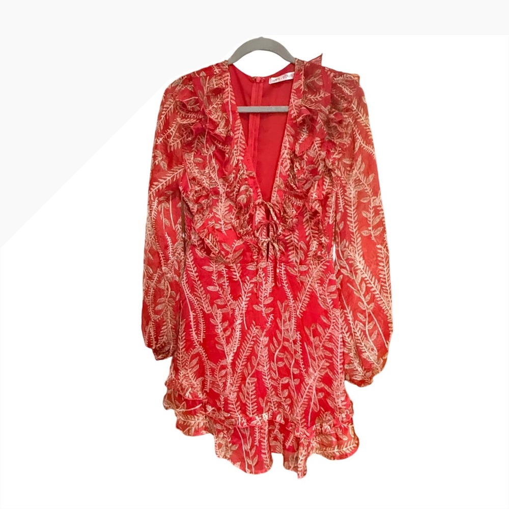 Saints + Secrets Mini Dress Ruffle Tie Front Red Gold Leaf Size L Excellent